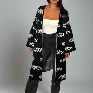 Evil Eye Black and White Patterned Women's Long Sweater